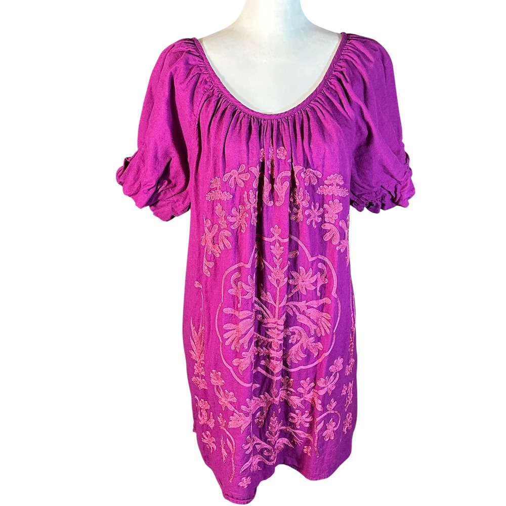 Free People Fiona Dress Womens XL Purple Embroidered Cotton Puff Sleeve Tie Back
